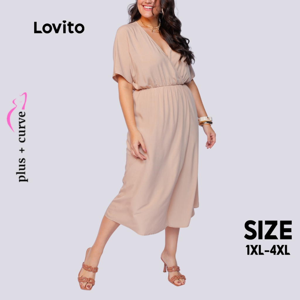 Lovito Vestido Envelope Casual Plus Size Liso Feminino LB125BRL154 em Oferta na Shopee