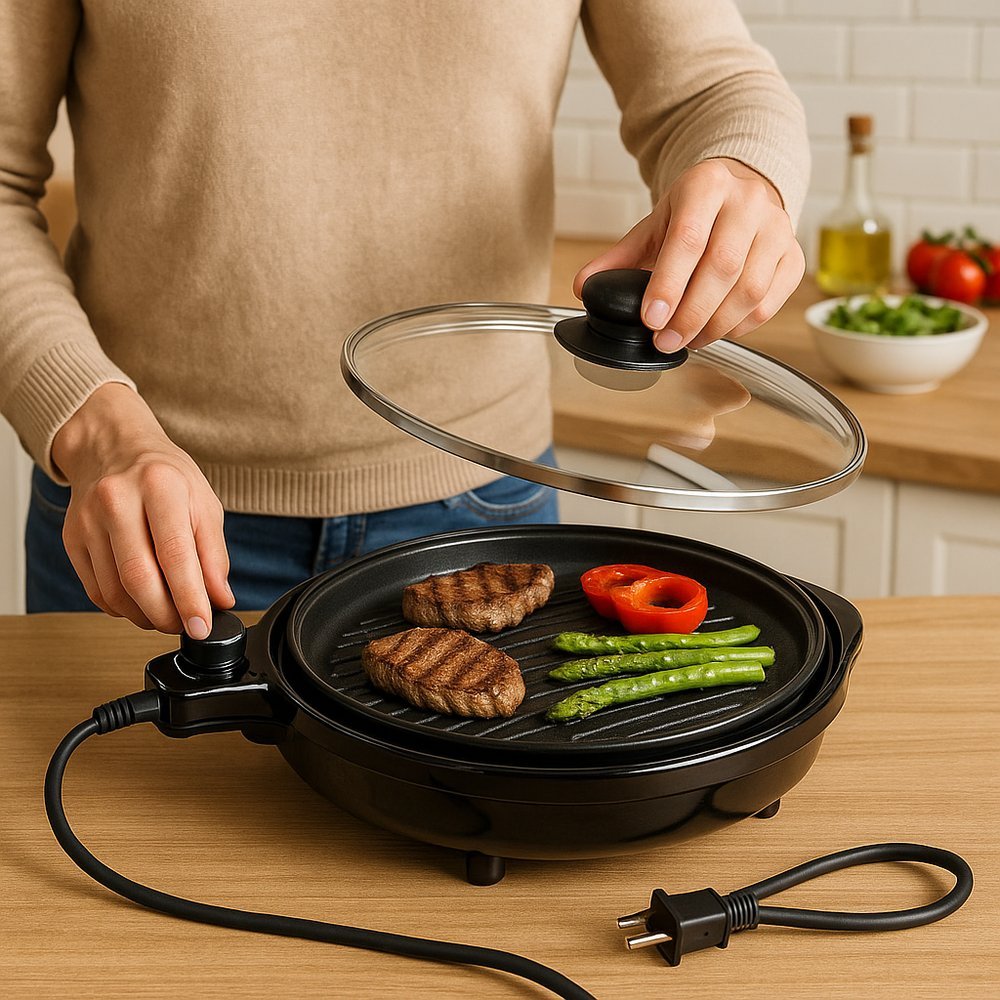 Grill Elétrica Redonda Premium Termostato Ajustável 127V 220V Churrasqueira Eletrônica Preto