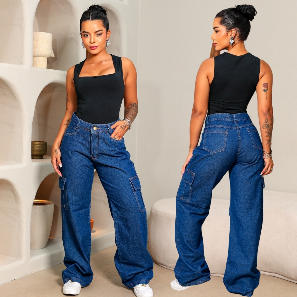 Calça Jeans Feminina Wide Leg Cargo Cintura Alta com Bolsos Laterais - Camarote Jeans
