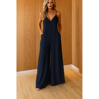 Macacão Pantalona Longo Feminino Alça Regulável  Elegante tecido Duna em Oferta na Shopee