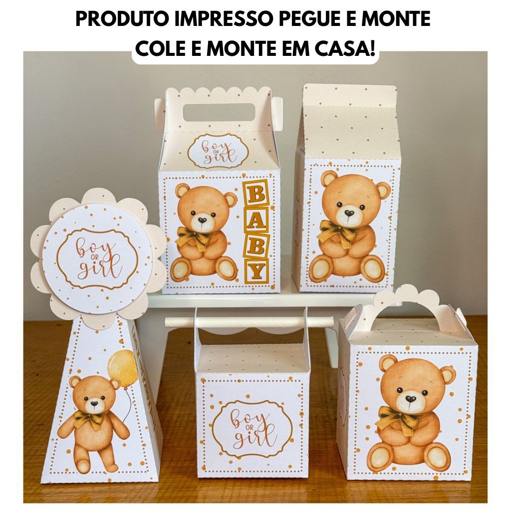 50 Lembrancinhas Personalizada\Chá revelação ursinho neutro\Festa infantil\Pegue e monte ursinho