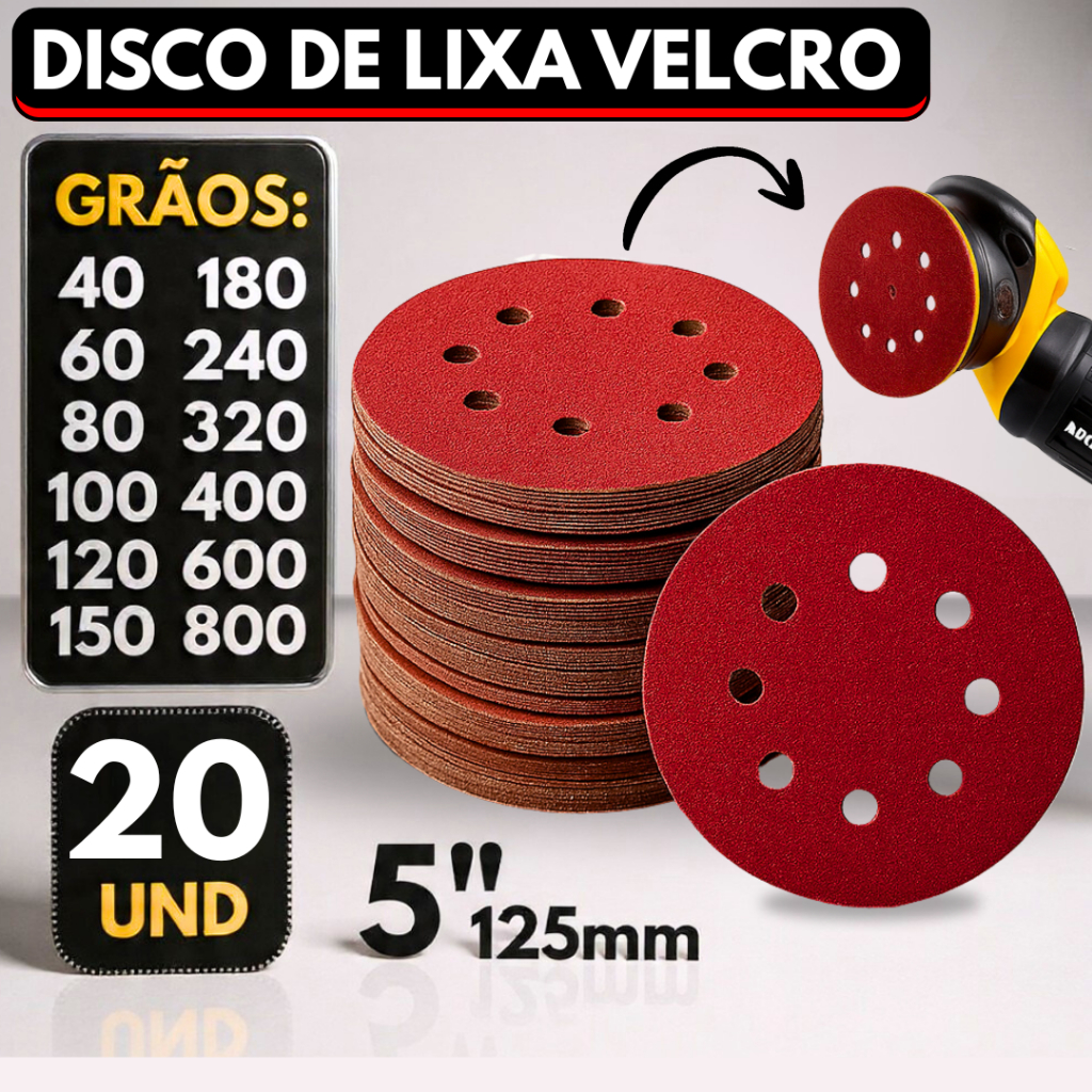 Kit 20 Disco Lixa com Velcro Circular 125mm 8 Furos para Ferro Metal Madeira Lixadeira Politriz Rokit Roto Orbital