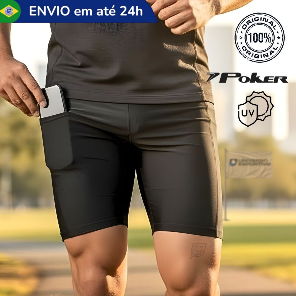 Bermuda Short Calção Poker Esportivo Térmico Corrida Academia Ciclismo com Bolso Suporte Celular