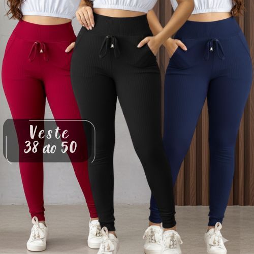 KIT Calça Feminina Jogger Canelada Premium do M ao G3 Cintura Alta em Oferta na Shopee