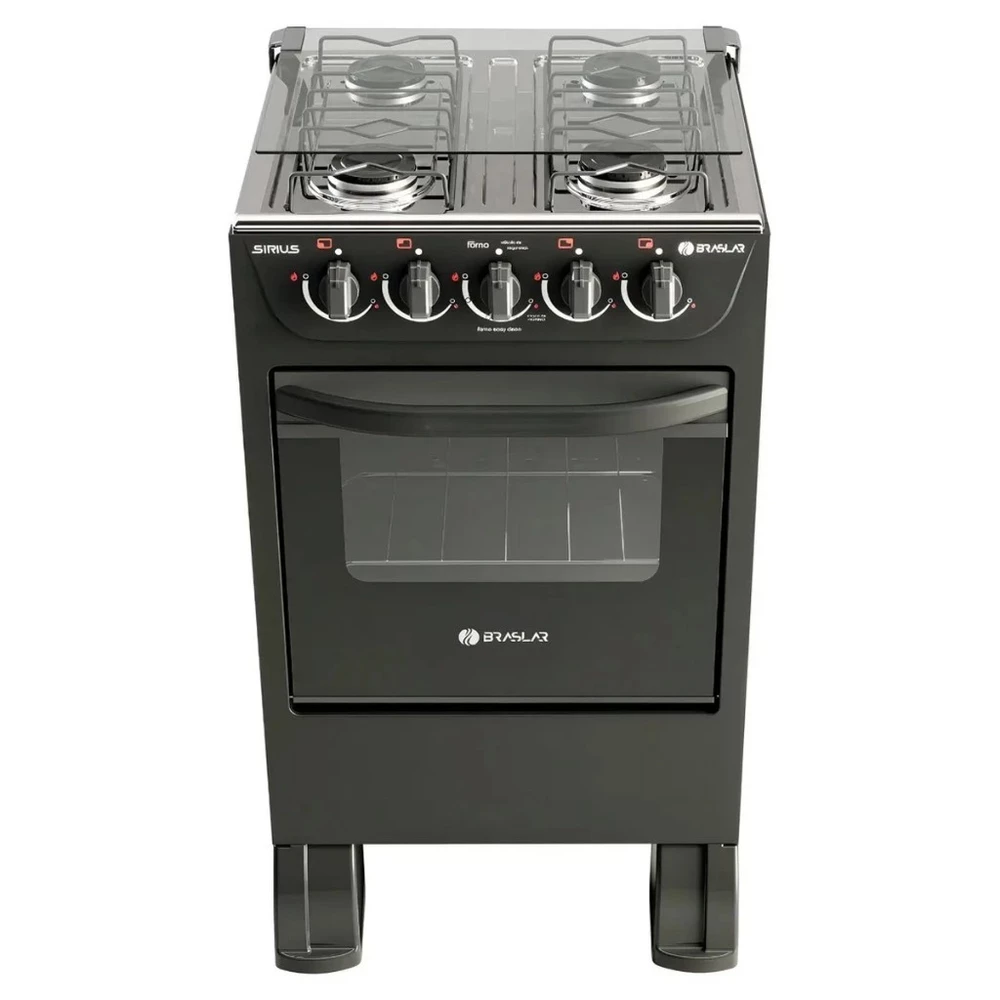 Fogão de Piso Braslar New Sirius 4 Bocas Preto Mesa Inox – Acendimento Manual