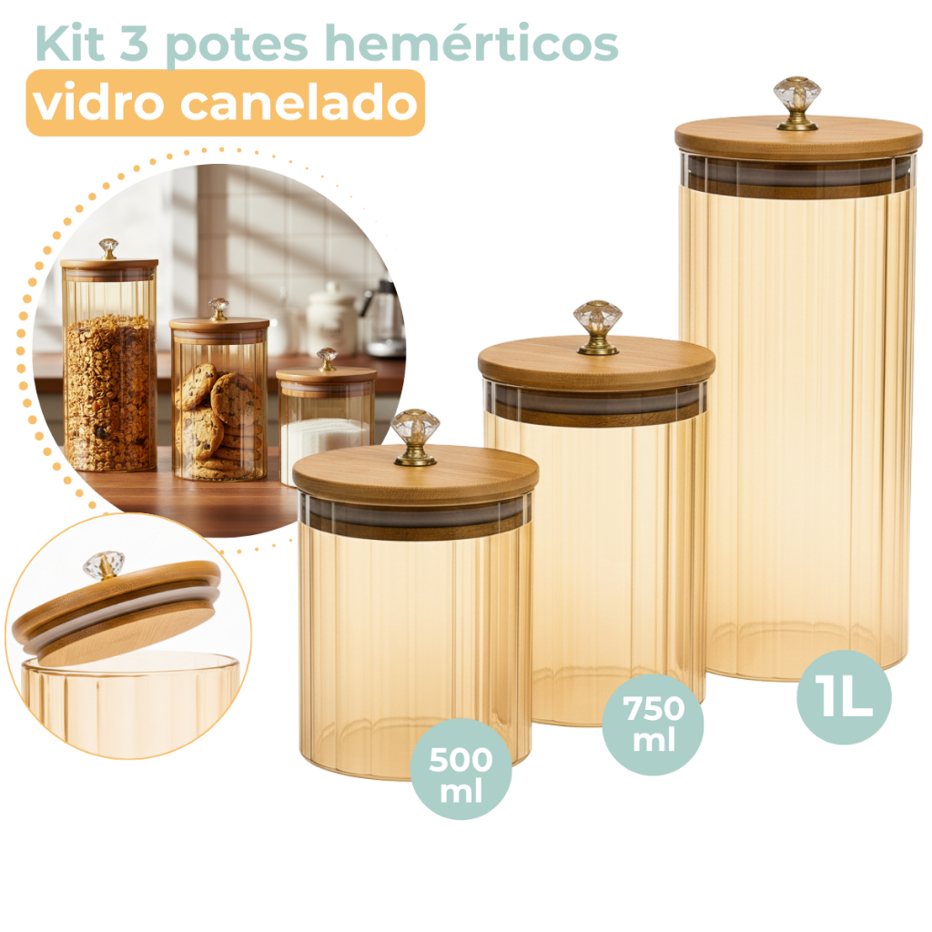 Kit 3 Potes de Vidro Canelado Âmbar Hermético Mantimentos com Tampa Bambu 1000ml 750ml e 500ml em Oferta na Shopee