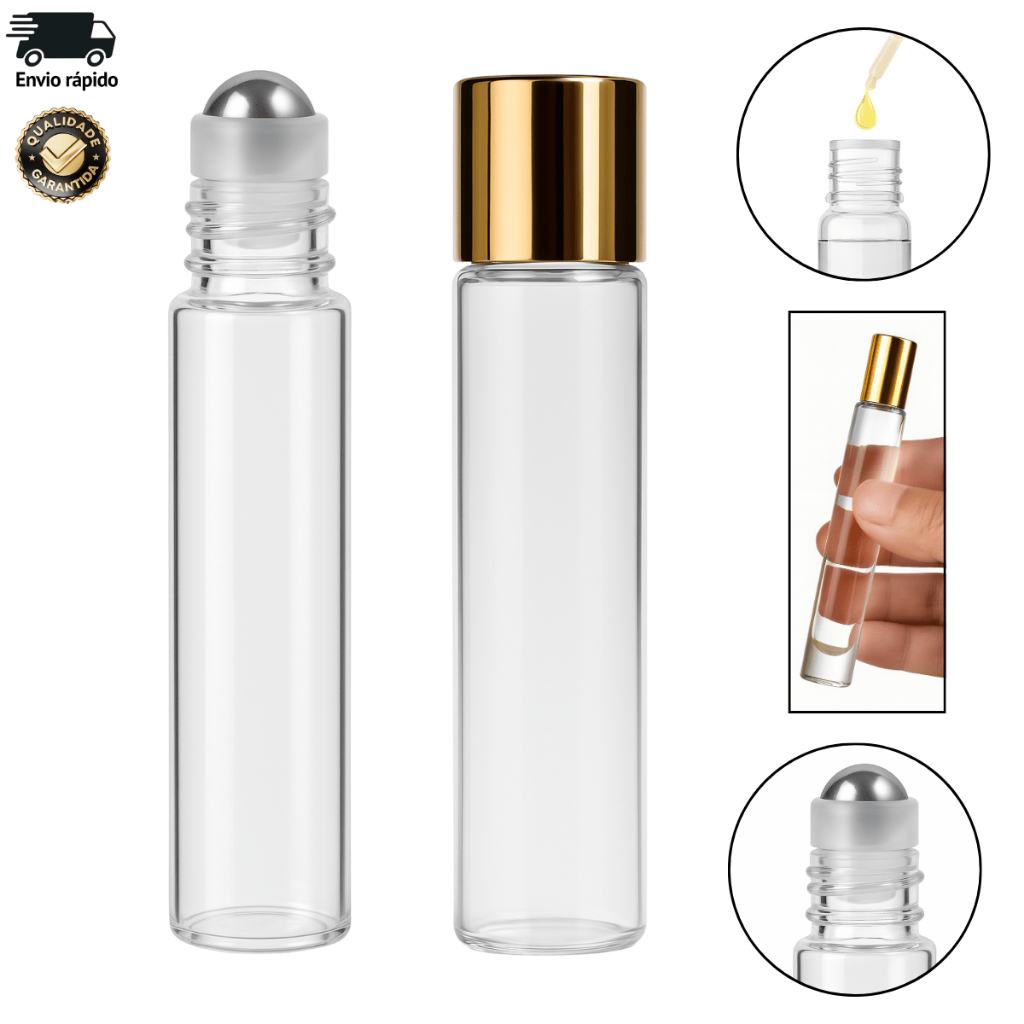 Kit 5,10 Ou 20 Frascos Vidro Transparente Rollon 10ml Tampa Dourada Para Óleo Essencial Aromaterapia em Oferta na Shopee