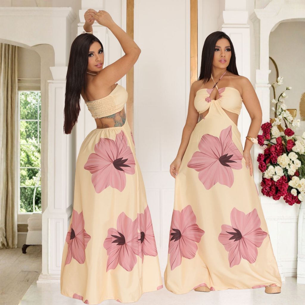 Vestido longo, estampa Farme, Verão ideal para o verão ou ocasiões especiais em Oferta na Shopee