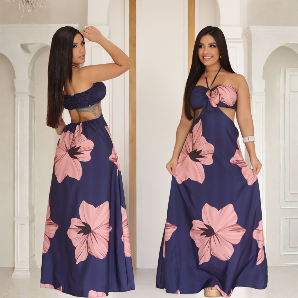 Vestido Longo Femenina Costa Lastex con bojo social estampa farme