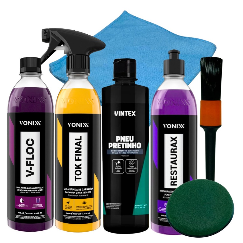 Kit Shampoo V-Floc Cera Tok Final Restaurax Restaurador De Plasticos Pneu Pretinho