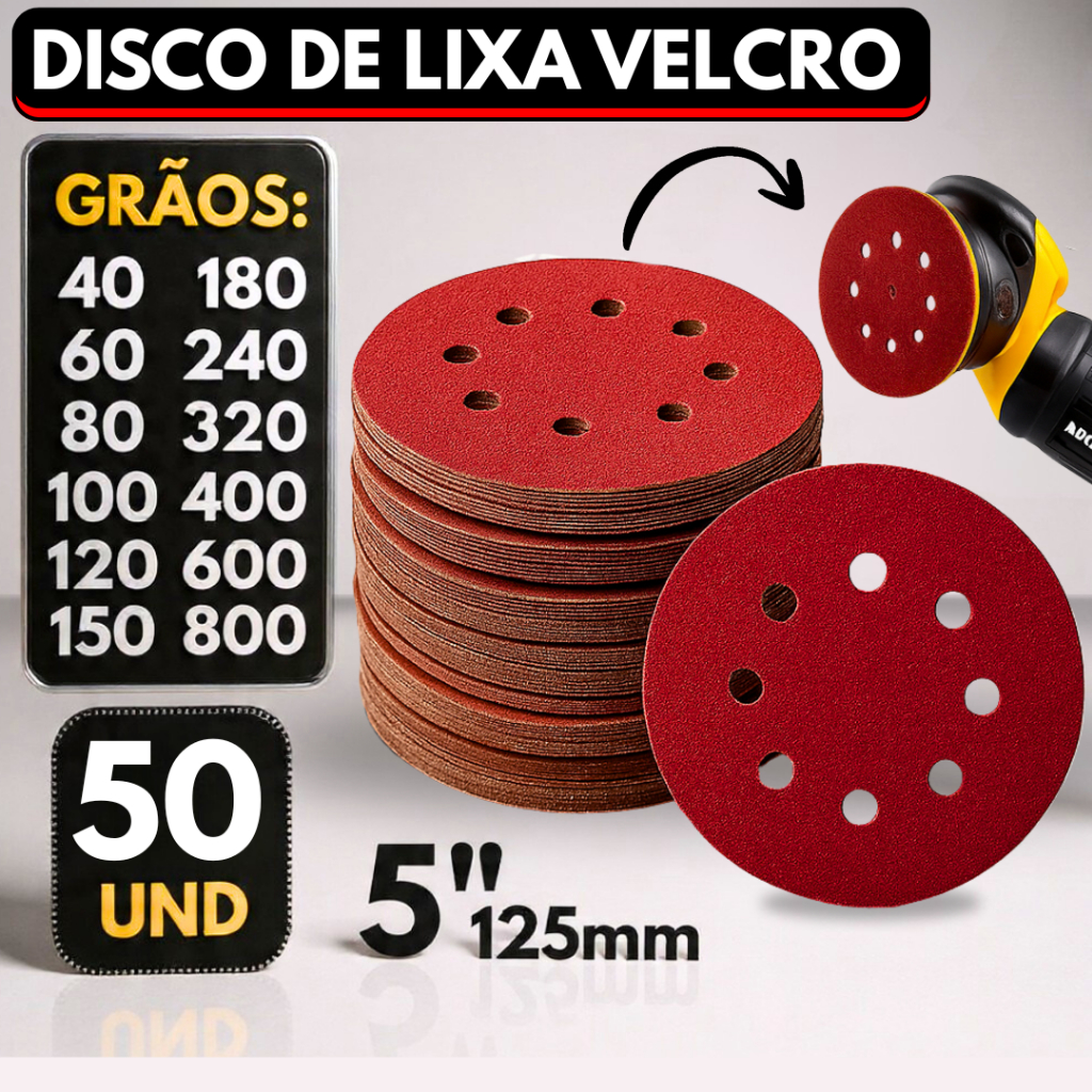 Kit 50 Disco Lixa com Velcro 125mm 8 Furos Lixadeira Politriz Rokit Roto Orbital