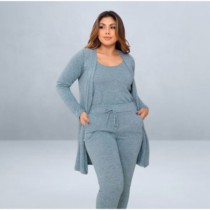 Conjunto Feminino de Lanzinha Plus Cize 3 Peças – Blusa, Cardigan Longo e Calça Jogger | Confortável e Estiloso