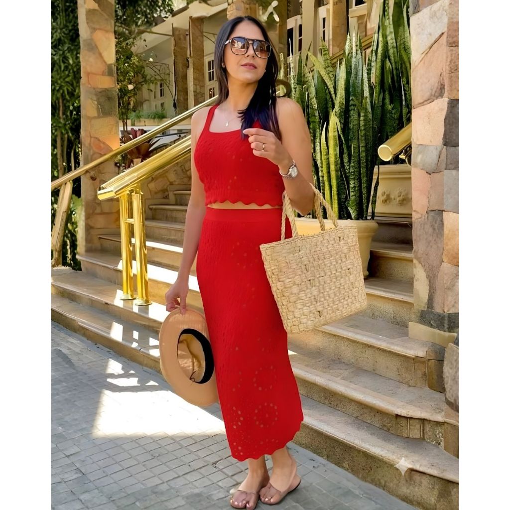 Conjunto Feminino 2 Peças Cropped Top Alça e Saia Midi Tricô Crochê Vazado Moda Verão Tricot em Oferta na Shopee