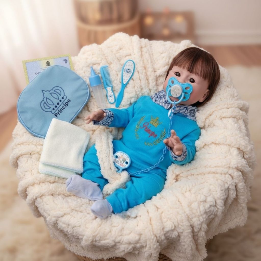 Boneca Bebê Mamãe Reborn Menino Cabelos Castanhos Enxoval em Oferta na Shopee