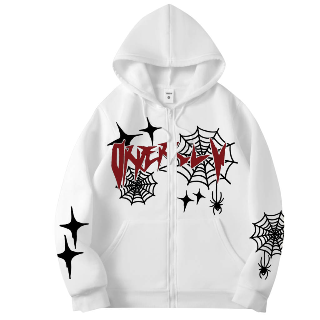 Casaco Moletom Zíper Teia de Aranha Arte Gótica Street Capuz Unissex Moda Urbano