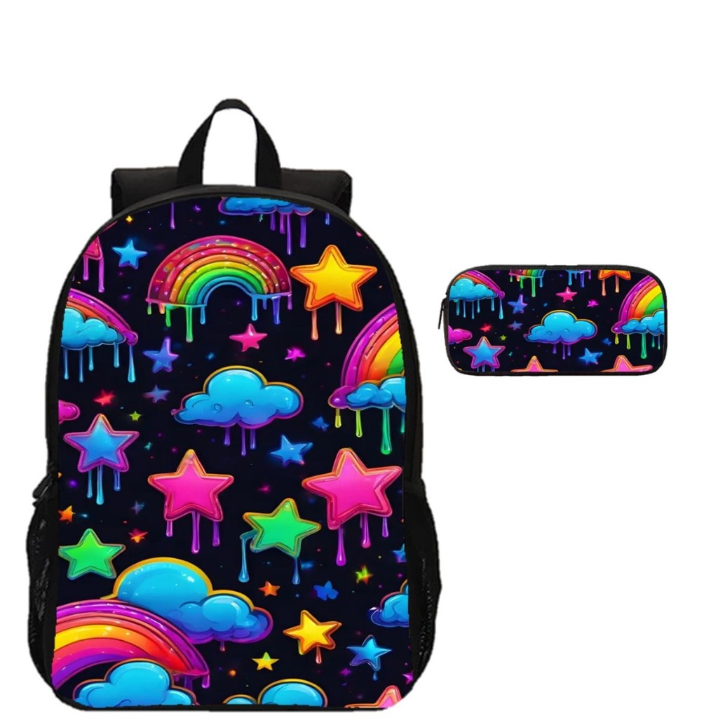 Mochila Com Estojo Kit Escolar Estampado Arco Iris Estrelas Neon Colorido