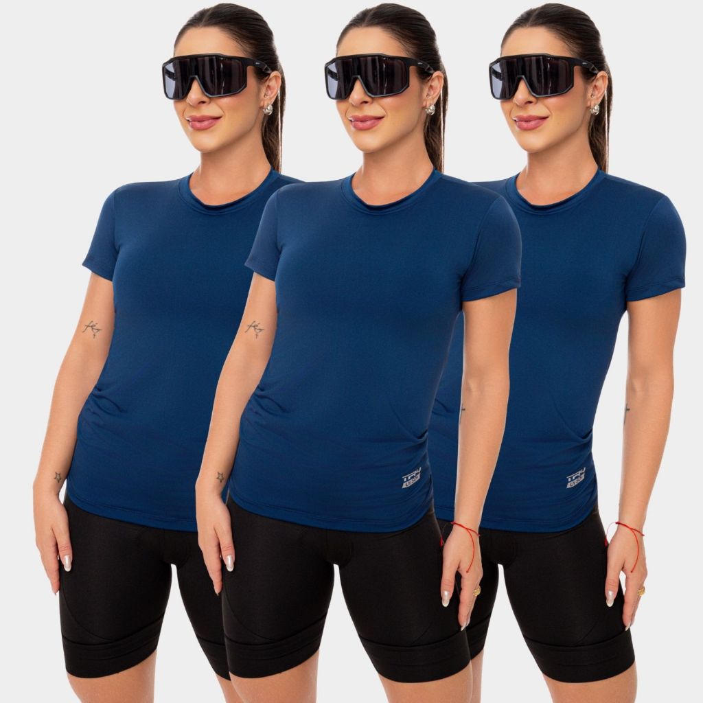 Kit 3 Camisa Blusa Dry Fit Feminina Manga Curta Academia Treino Esporte Corrida Caminhada Anti Uv Azul Marinho
