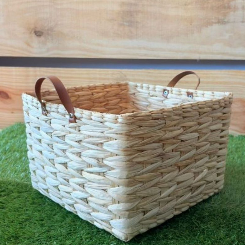 Cesto Organizador Em Taboa Natural Com Alça De Couro em Oferta na Shopee