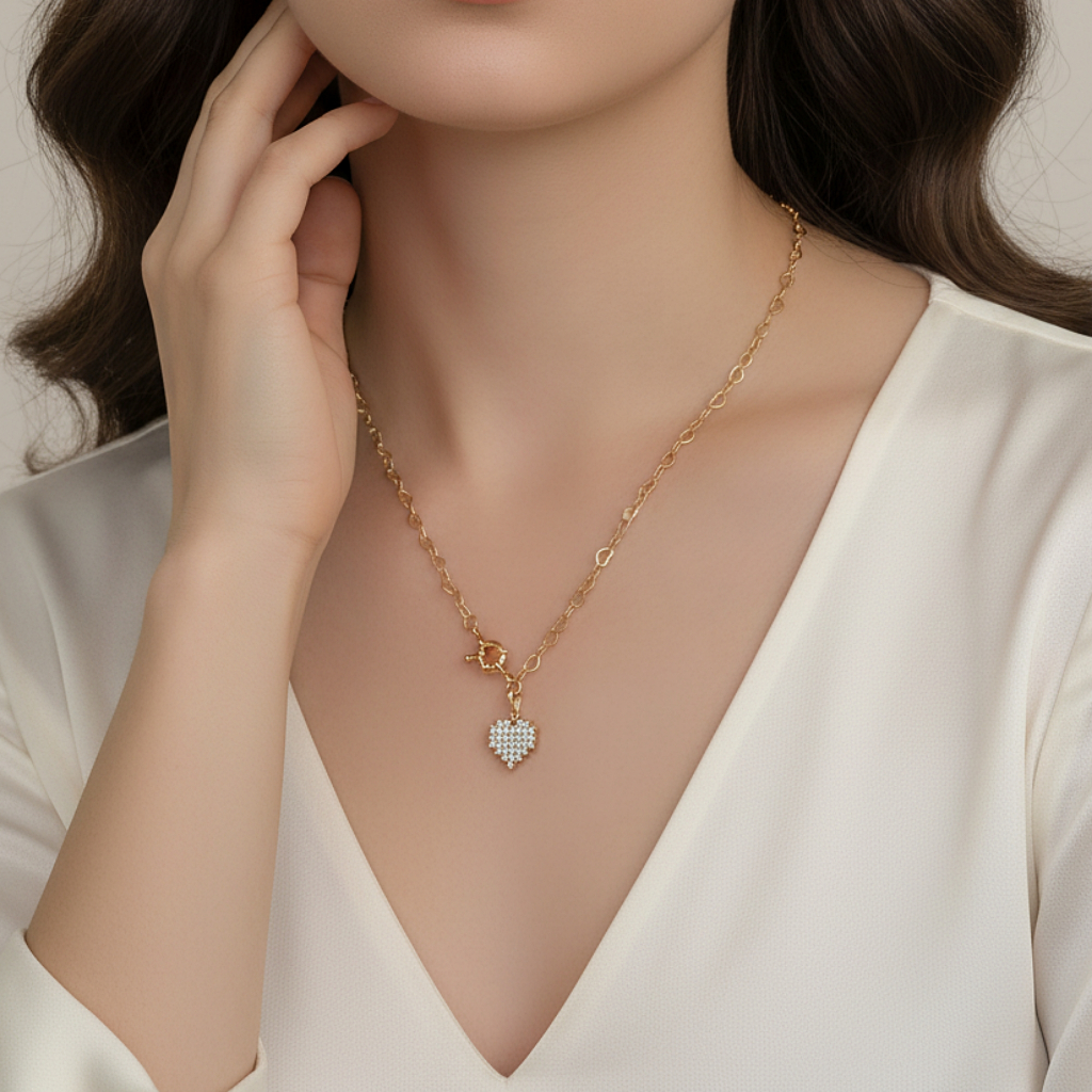 Colar Ouro 18K Coração Zircônia Cristais + Fecho Boia Moderno Joia Feminina