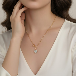 Colar Ouro 18K Coração Zircônia Cristais + Fecho Boia Moderno Joia Feminina