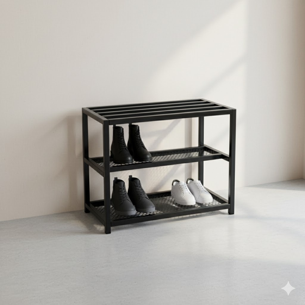 Sapateira Porta Sapatos Objetos Banco 50cm Cor Preto e Cor Branco 100%  Metal Com Tela