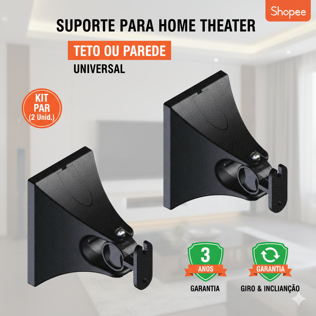 KIT 2 SUPORTES PARA CAIXA DE SOM DE PAREDE/TETO COM GIRO DE 180º e INCLINACAO DE 25º– IDEAL PARA HOME THEATER