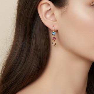 Brinco Argola Corações Zircônia Colorida Ouro 18K Pendurado Semijoia Luxo
