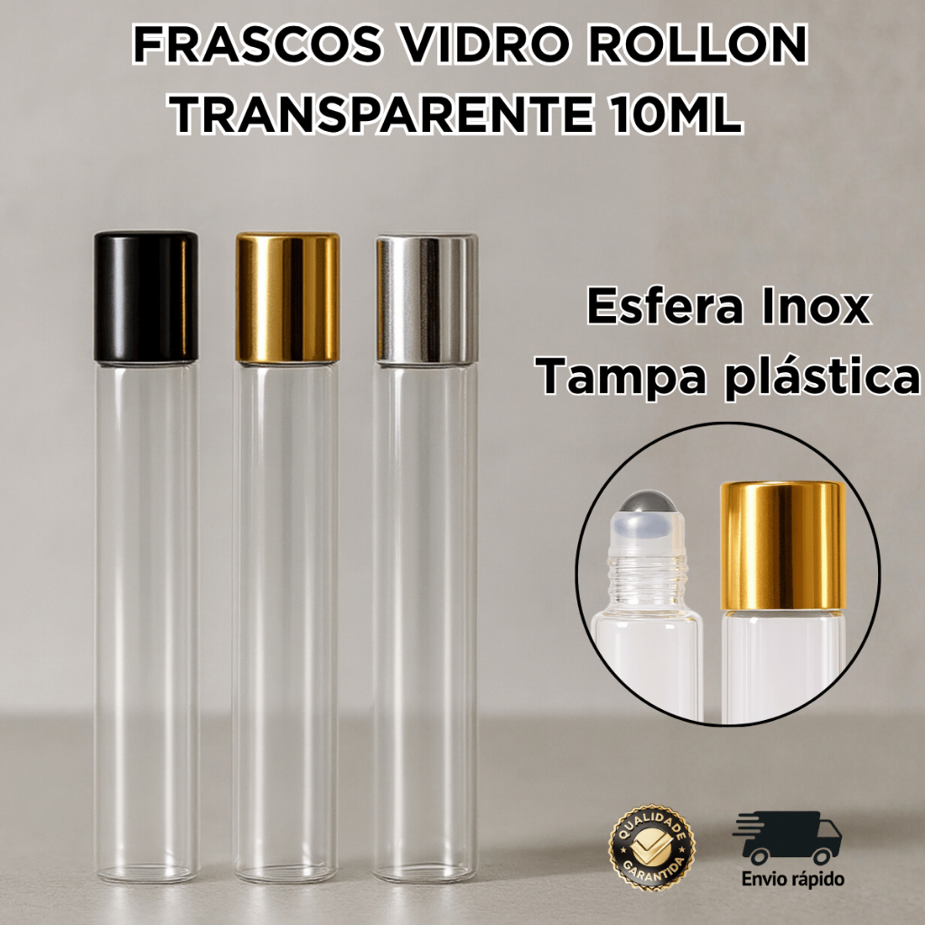 Kit 5, 10 Ou 30 Frascos De Vidro Rollon 10ml Para Óleos Essencial Transparente Com Esfera E Tampa