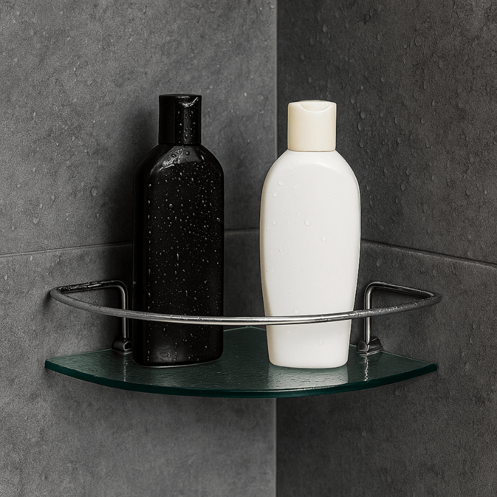 Porta Shampoo de Canto Prateleira de Vidro para Banheiro Veneza 30cm com Haste Cromada