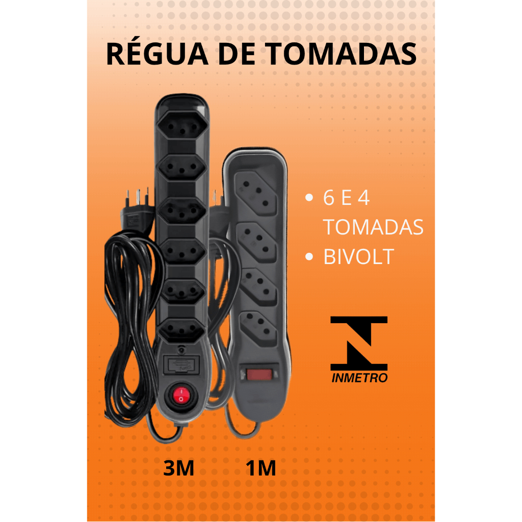 Filtro de Linha Régua de Tomadas 6 ou 4 tomadas 2P+T 10 Amperes Megatron Bivolt