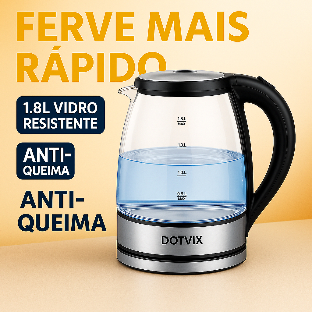 Chaleira Elétrica de Vidro 1.8L DOTVIX | Ferve Mais Rápido | Bivolt | Anti-Queima | LED Azul | Vidro Resistente em Oferta na Shopee