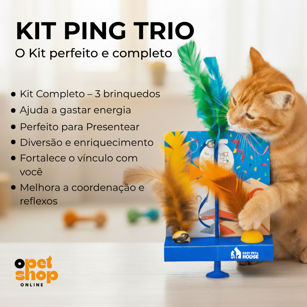 Kit Brinquedos para Gato Ping Trio com Varinha e Bolinhas Ping Pula e Ping Penas Diversão
