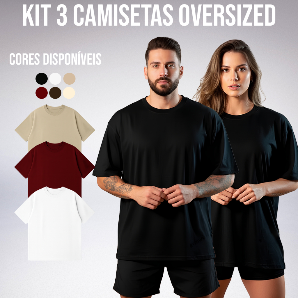 Kit 3 Camiseta Oversized Lisa Masculina Algodão Streetwear Unissex