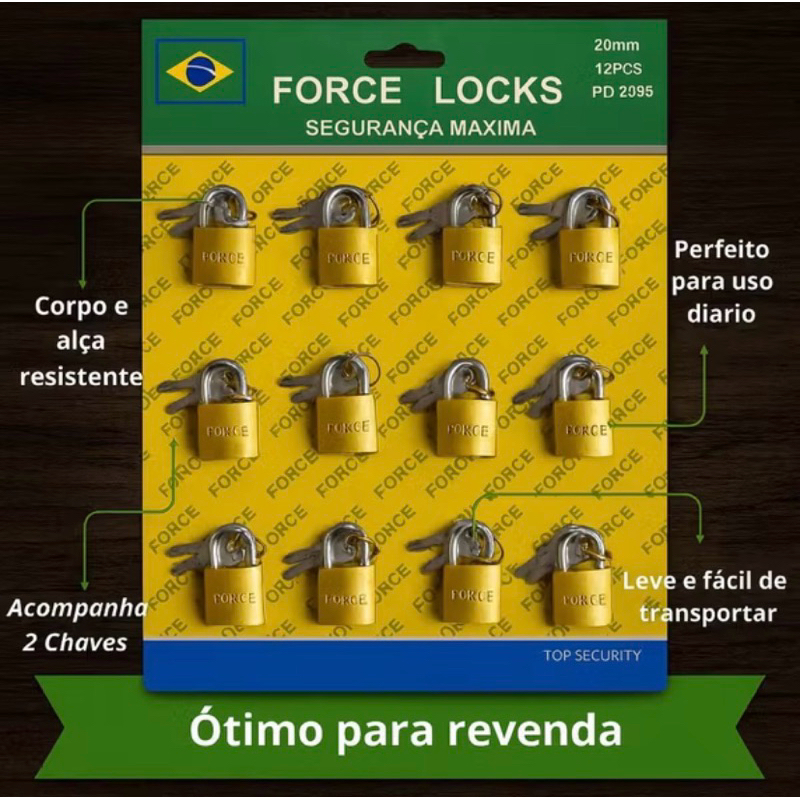 Cadeado Cartela com 12 Unidades Tamanho 20mm Force