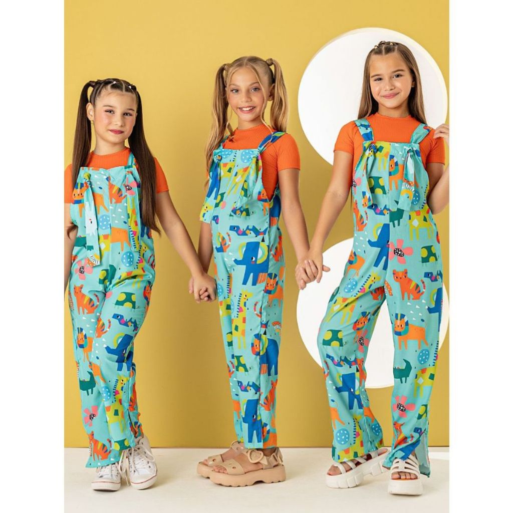 CONJUNTO MACACAO JARDINEIRA INFANTIL MENINA LONGO COM BLUSINHA CROPPED ELEGANTE ESTAMPADO