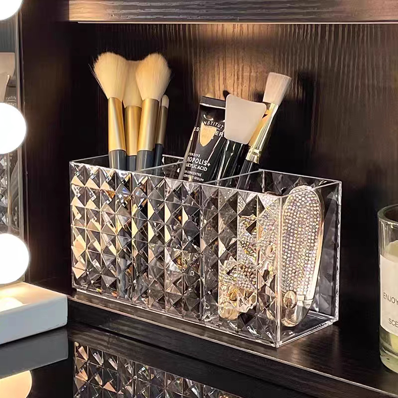 Porta Pincel  3 Divisorias Acrílico Maquiagem Diamante Organizador De Mesa Batom Banheiro Quarto Escritório