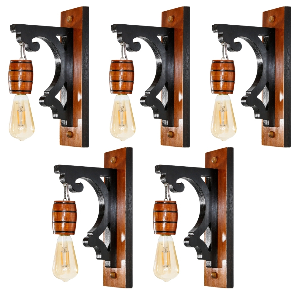 Kit 5 Luminária de Parede Arandela Retrô Vintage Colonial Rústica de Madeira Maciça - Mogno