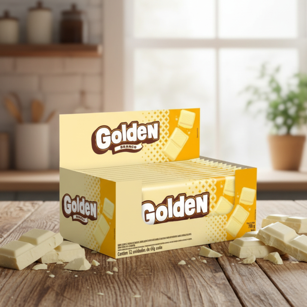 Barra Chocolate Branco Golden caixa com 12 Unidades 65g em Oferta na Shopee