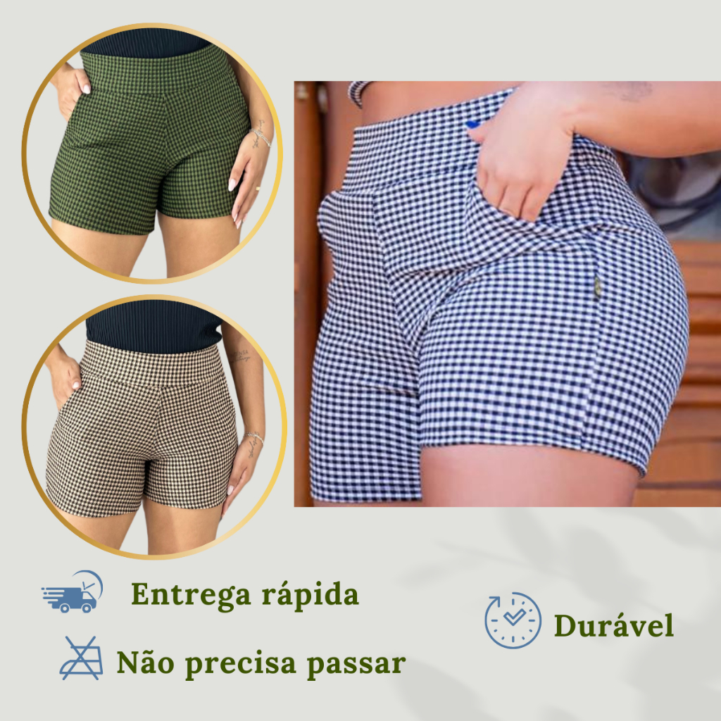Short Feminino Jacquard Xadrez confortável Básico Malha Elastano em Oferta na Shopee