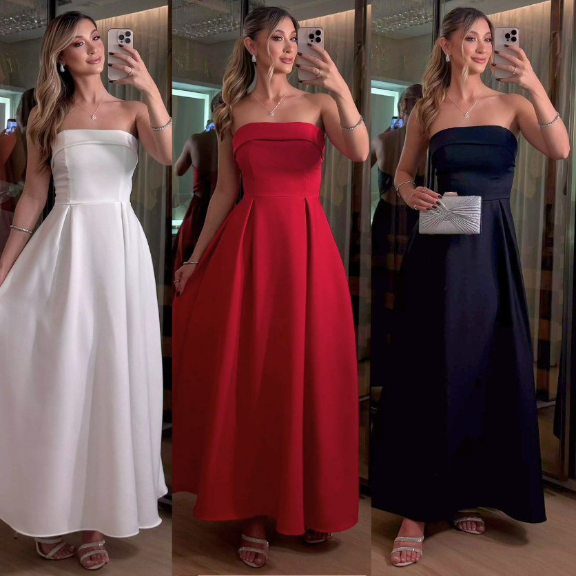 Vestido Longo Tomara que Caia com Bojo e Abertura nas Costas – Elegância em Oferta na Shopee