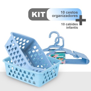 Kit 10 Cestinhas Organizadoras + 10 Cabides Infantis – Azul Bebê em Oferta na Shopee
