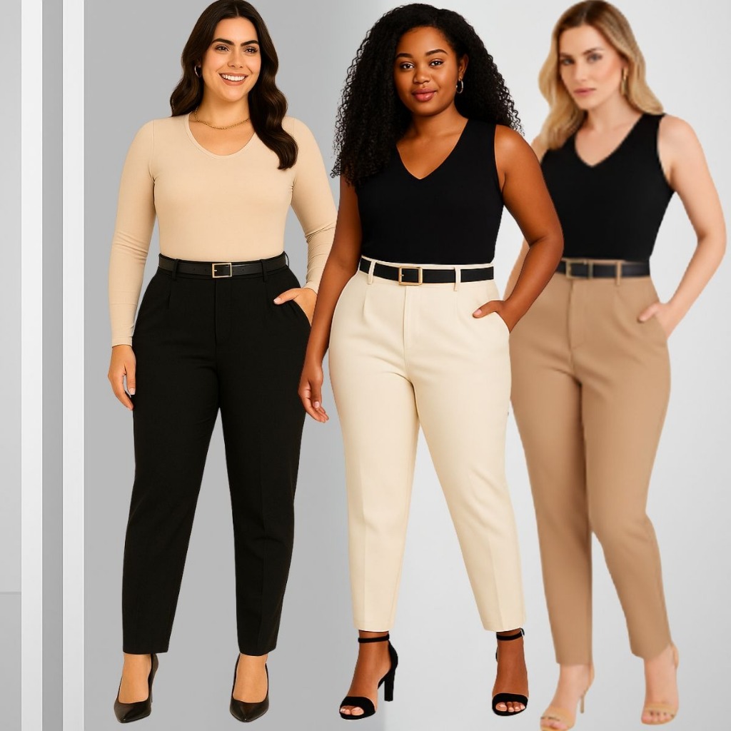 Calça Social Feminina Alfaiataria Cintura Alta com Cinto Bolsos Elegante Confortável Moderna Trabalho Escritório Casual