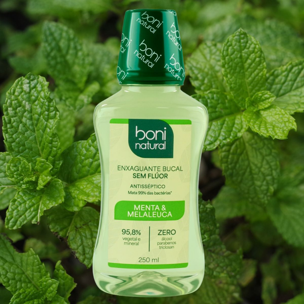 Enxaguante Bucal Sem Flúor Menta e Melaleuca Vegano Antisséptico Boni Natural 250mL em Oferta na Shopee