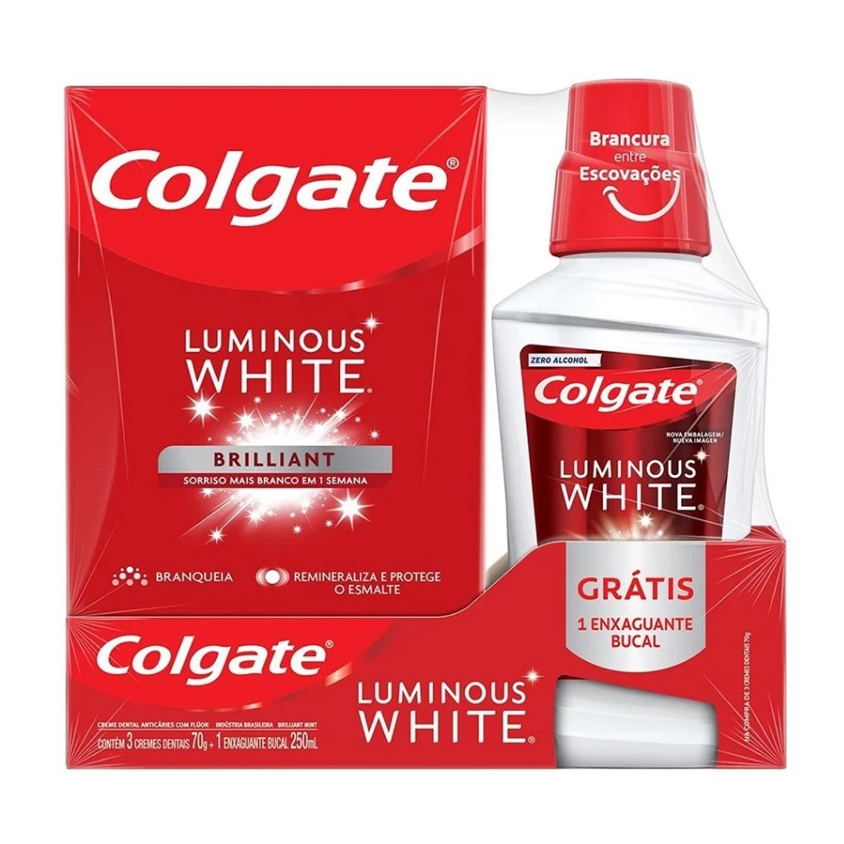 Creme Dental Colgate Luminous White Brilliant 70g - Embalagem com 3 Unidades + Antisséptico Bucal Luminous White 250ml em Oferta na Shopee