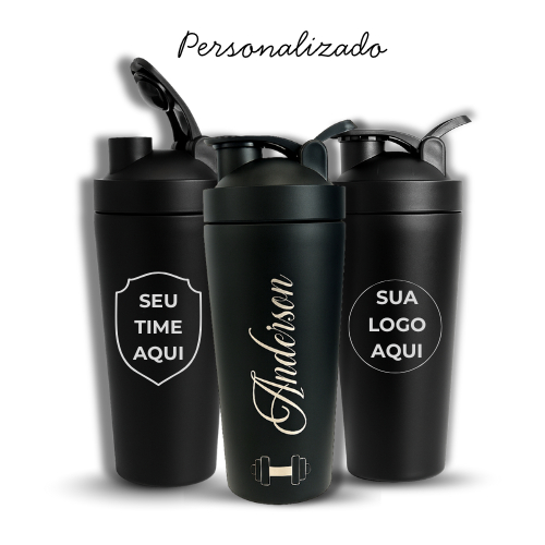 Coqueteleira Térmica Personalizada Inox 700ml Preta Gravação Laser + Misturador Academia Whey Creatina