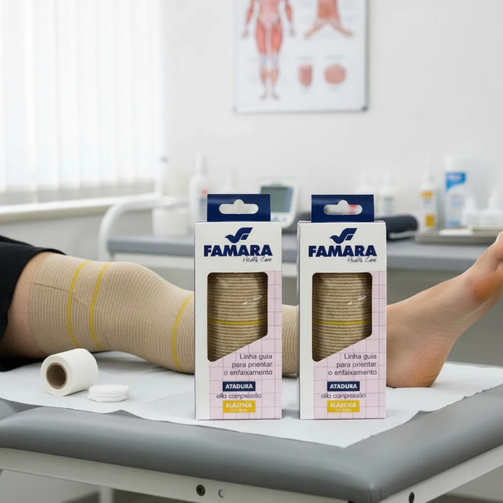 Kit 2 Bandagem Elástica 15cm x 1,30m Faixa Atadura Alta Compressão Enfermagem Ortopedia Curativo Varizes Inchaço Famara