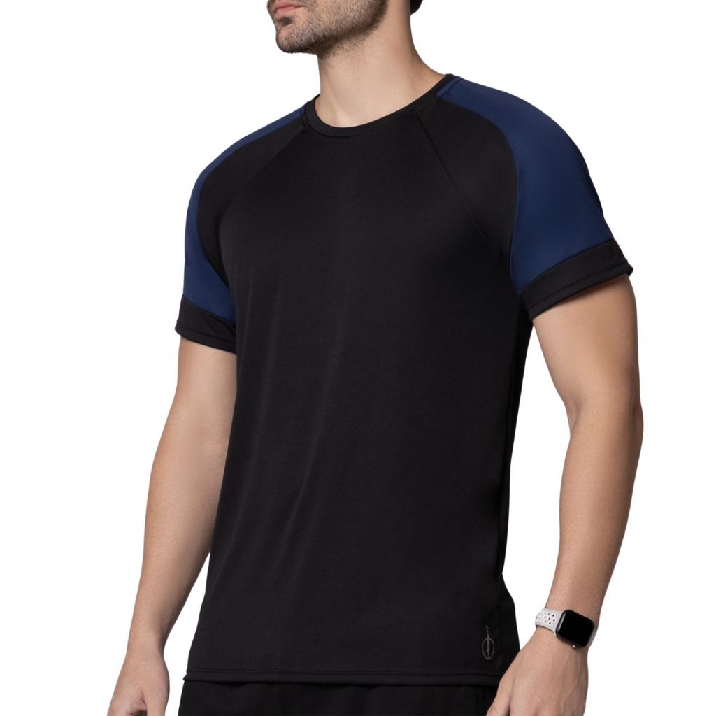 Camiseta Masculina Academia Esportiva Dry Selene Preta e Azul Manga Curta Sport