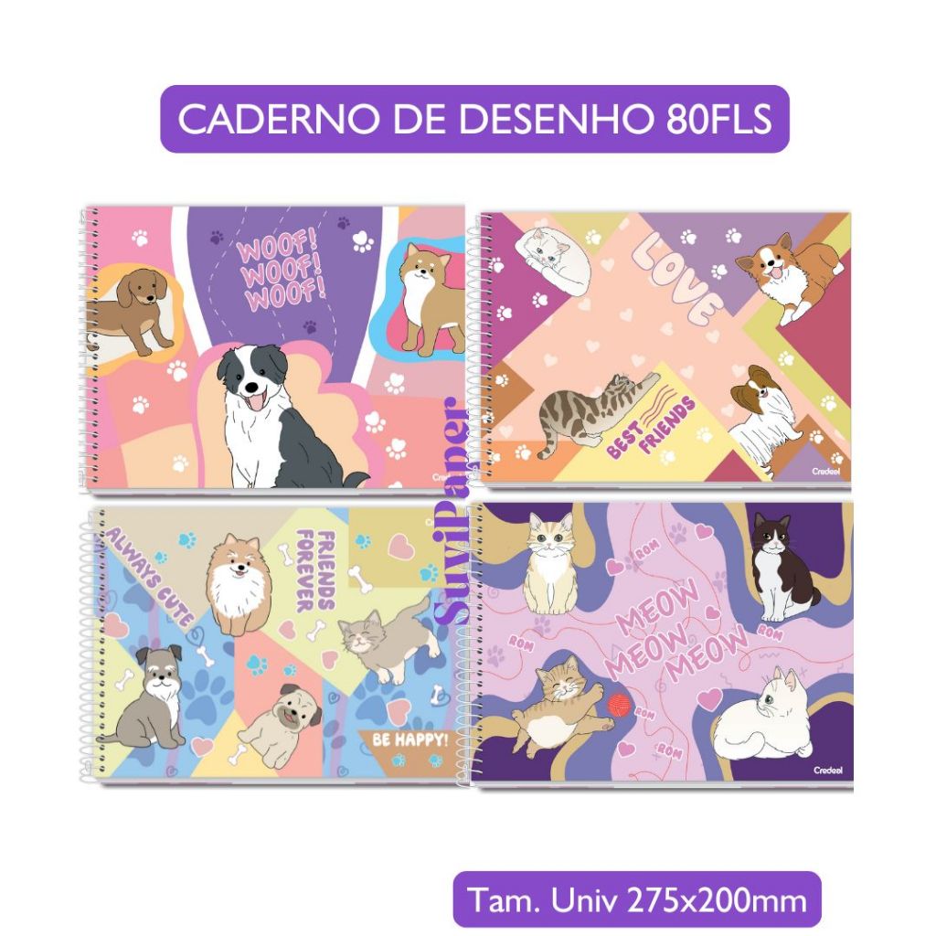 Caderno de Desenho e Cartografia Pet Fun Coleção 2026 80 folhas Credeal Coleção Fofa Animais Pet Gato Dog Tam 27,5x20cm
