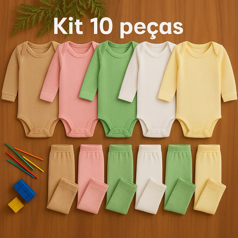 Kit 10 Peças Conjuntos Roupinha de Bebê Body Liso e Calça Mijão Infantil Algodão Verão/Inverno
