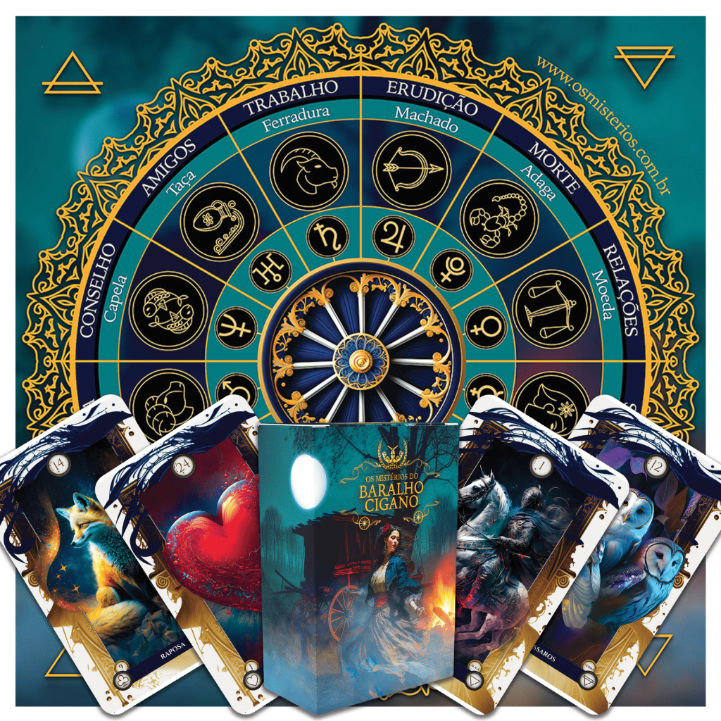 Kit Baralho Cigano Lenormand Plastificado / Toalha para Tarot Roda Cigana Astrológica